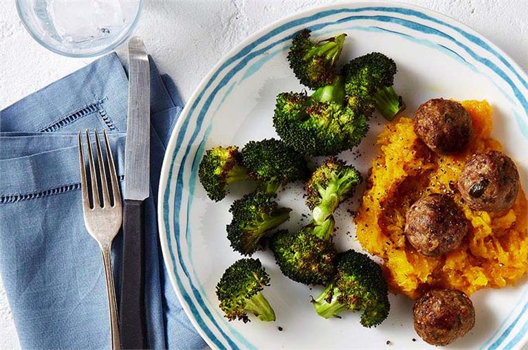 Turkey meatballs with roasted broccoli & mashed pumpkin | CSIRO Total Wellbeing Diet-image