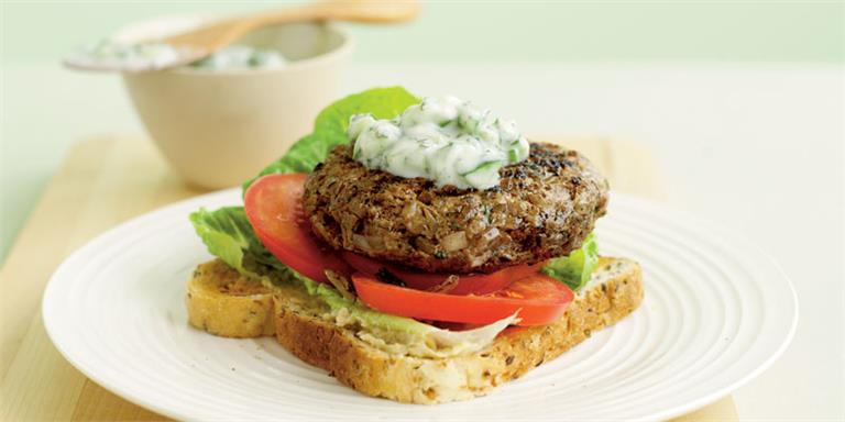 High Protein Spicy Lamb Burger with Tzatziki