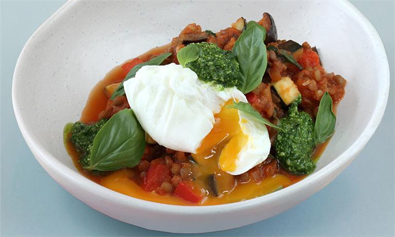 Lentil ratatouille with poached egg and pesto | CSIRO Total Wellbeing Diet